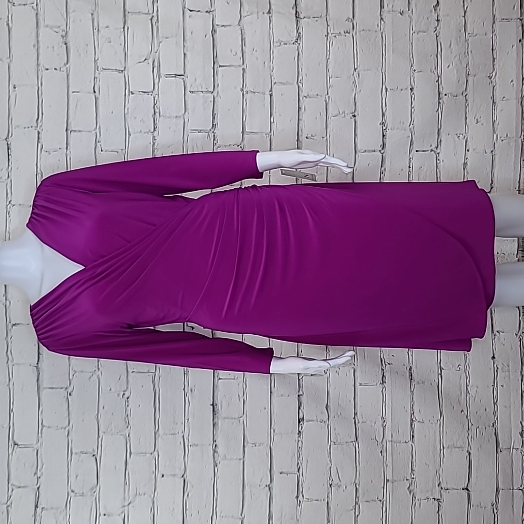 Natori Drapey Flowy V-Neck Faux Wrap Ruched 3/4 Sleeve Jersey Dress Fuchsia Nwt